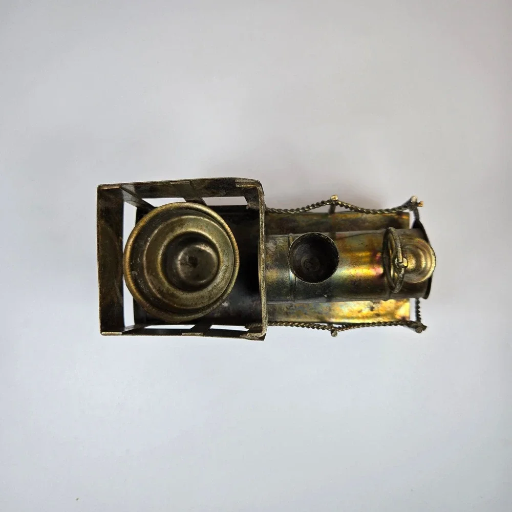 Vintage Metal Tin Train Railroad Engine Candle Holder Patina Copper Brass Tone‎
